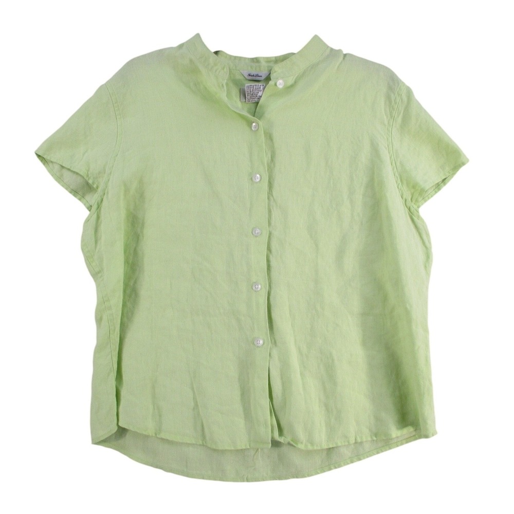 Talbots Womens Lime Green 100% Linen Button Down Mandarin Collar Shirt L
